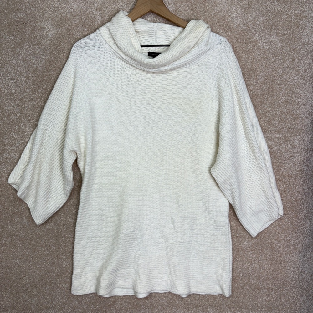 TALBOTS Wool Blend Sweater Size XL Cream Mock Neck RIbbed Knit‎ Longline